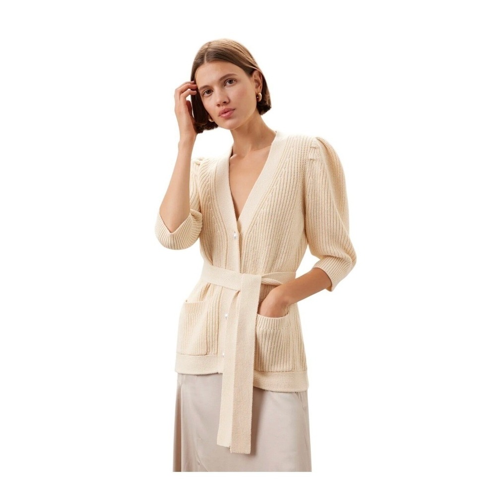Adam Lippes x‎ RTR Tie Waist Cardigan Sweater Ivory Wool-Blend Ribbed Knit XS